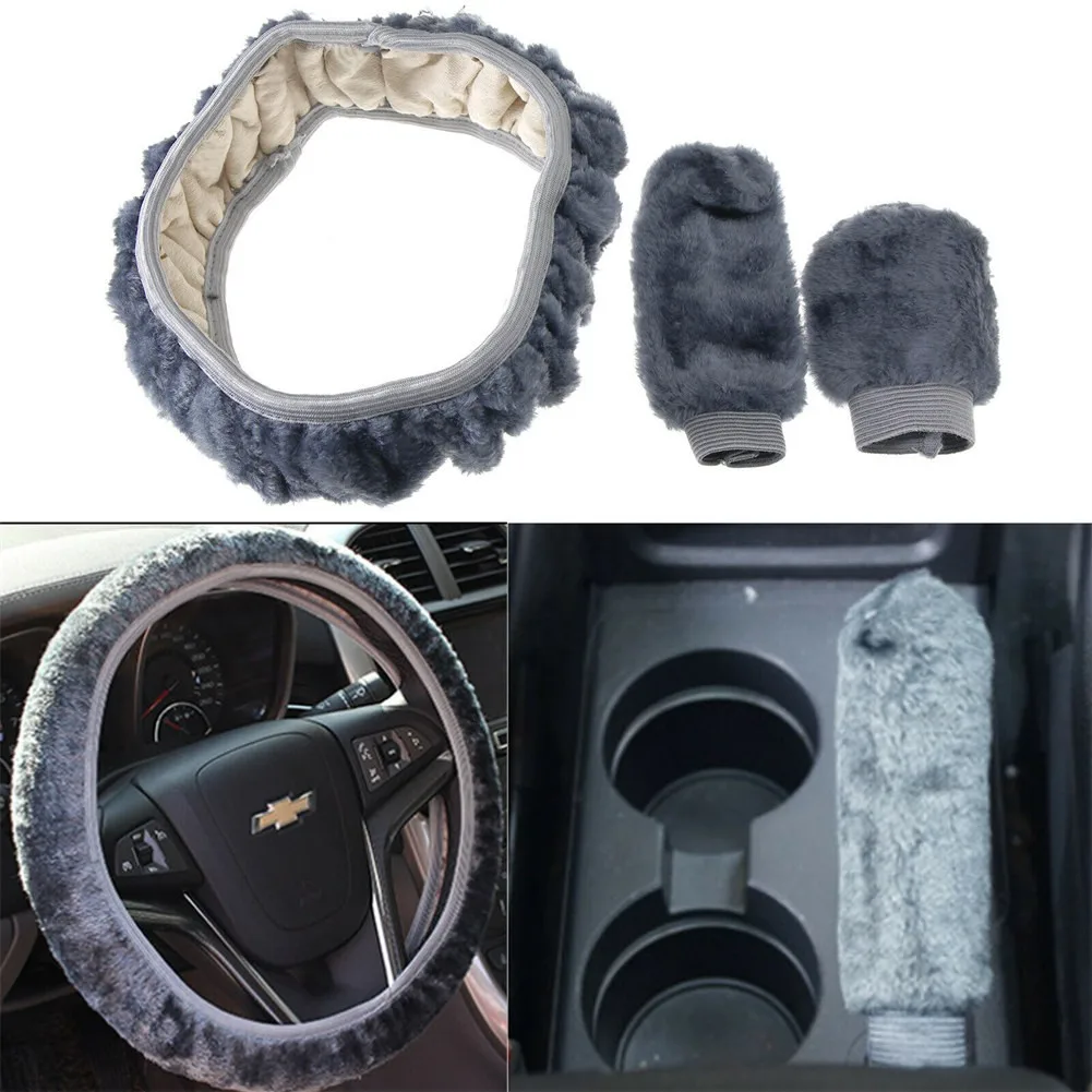 

3Pcs Car Steering Wheel Cover Plush Gearshift Handbrake Cover Protector Warm Decoration Car Interior Accessories