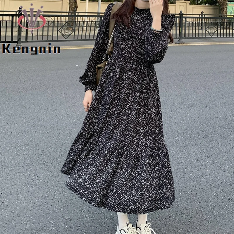 

Женское платье с цветочным принтом, длинным рукавом и оборками