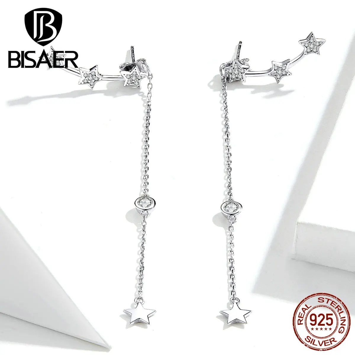 Серьги с кисточками BISAER 925 пробы серебро светящаяся звезда длинная цепочка