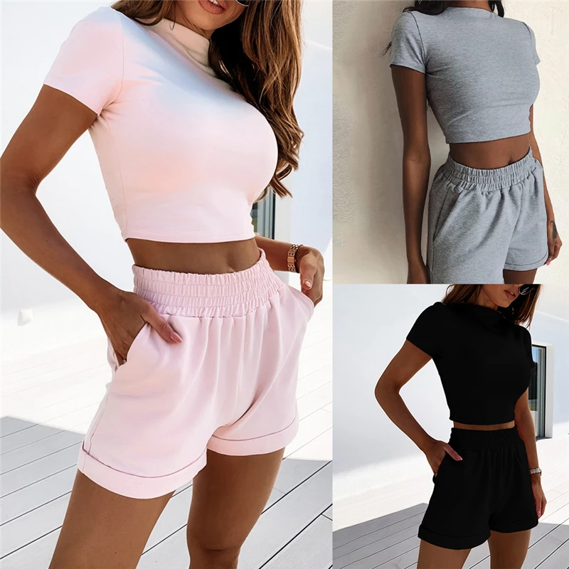 

Women's 2-Piece Outfit Set Cozy Sport Fitness Set Solid Color Round Neck Crop Short Sleeve Top Short High Waist Pants Set