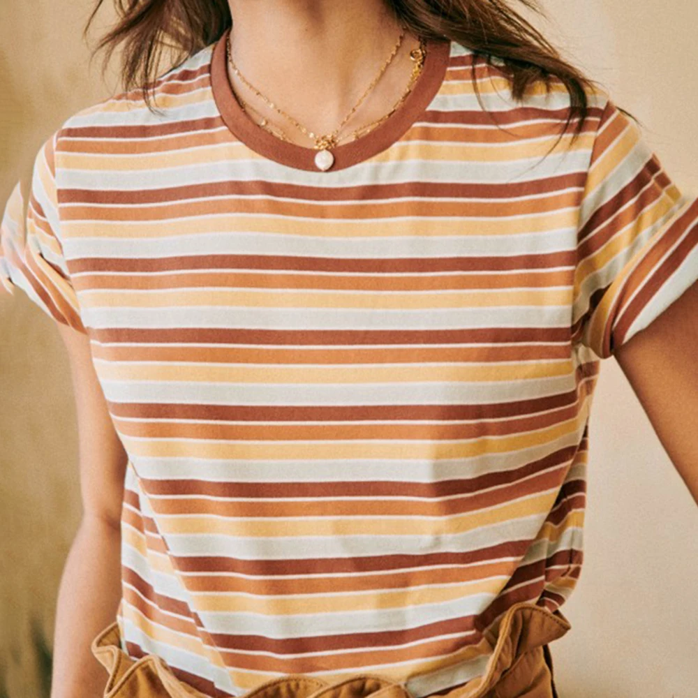

Striped Print T shirt Women Round Collar Cotton Soft Short Sleeve Tee Elegant Tops 2021 Spring Autumn Chic Retro Casual Tee
