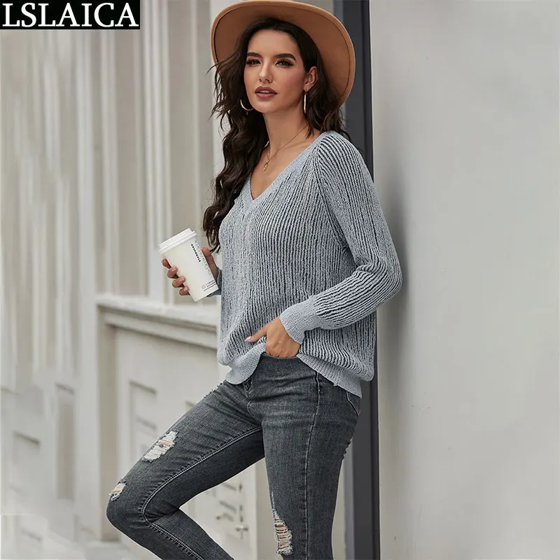 

Solid V-Neck Woman Sweaters Long Sleeve Bottoming Streetwear Sweater Office Homewear Women Pullover Autumn Winter Women Knitwear