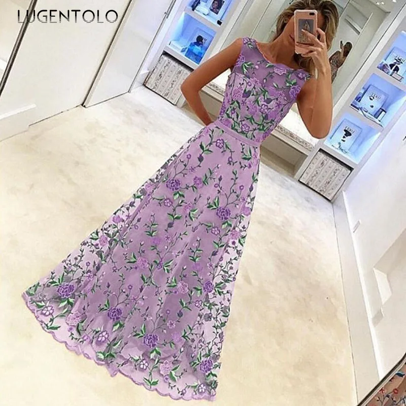 

Party Dress Women Embroidery Slim Sleeveless Lace Dresses Ladies Big Swing Sexy Mesh Dinner Elegant Long Dress Lugentolo