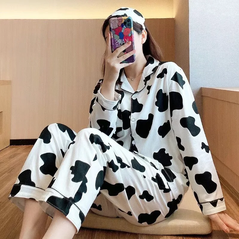 Women's Pajamas Spring Autumn Korean Long Sleeve Nightgown Cardigan Cartoon Leisure Nightwear Home Suit Sleepwear Sleep Wear