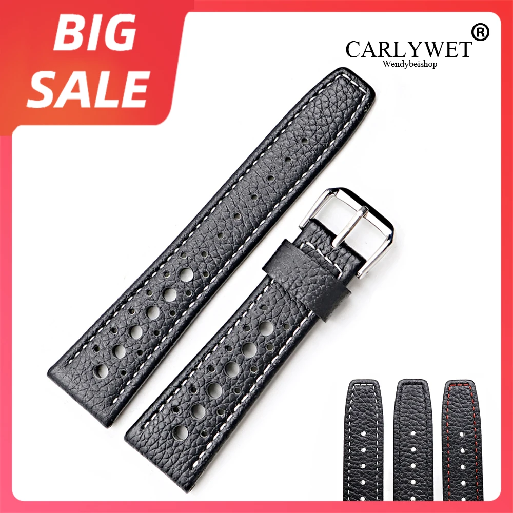 

CARLYWET 20 22mm Top Quality Real Leather Replacement Wrist Watch Band Strap Belt With Silver Black Clasp For Tag Heuer IWC