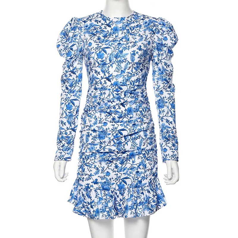 Женское короткое платье с цветочным принтом платье-мини длинным рукавом