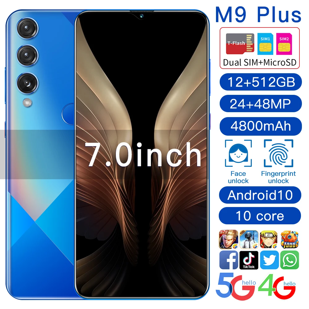 

M9 Plus Mobile Phone 12GB+512GB 7 Inch Android10 MTK6889 5G LET Smartphones 10-Core 5800mAh Battery Dual SIM Cheap Cellphones