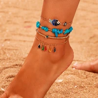 boho green stone fish eye crystal water drops beaded anklets set for women multi layer chain charm foot bracelet jewelry gifts