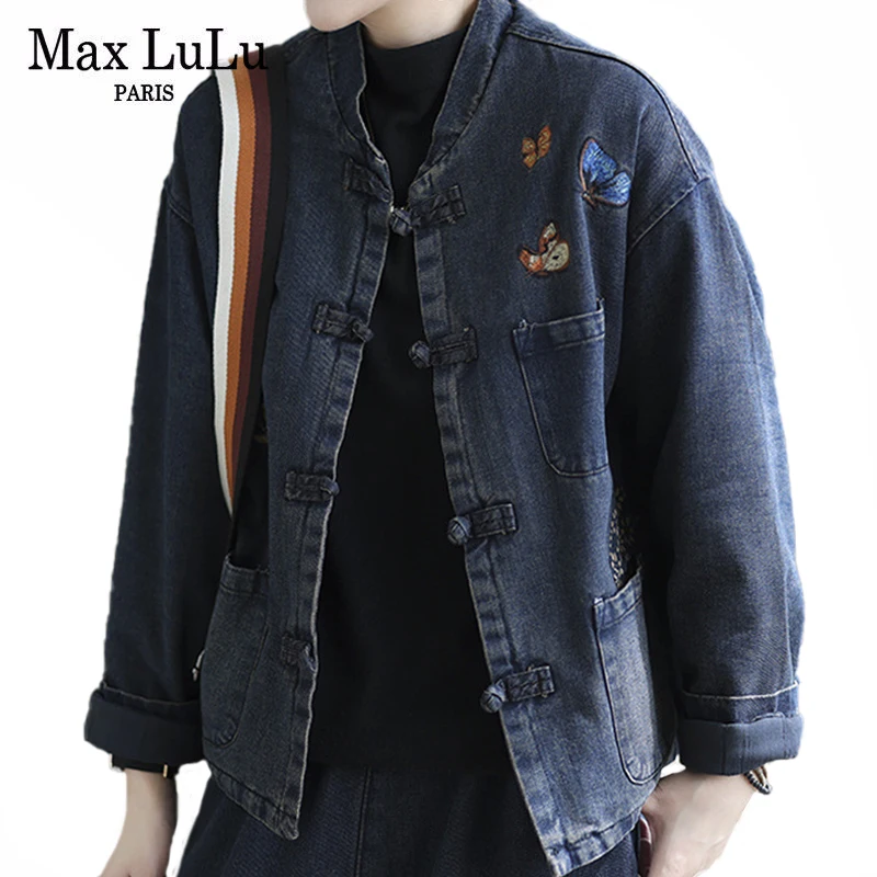 

Max LuLu 2021 зимние женские свободные повседневные Цветочные Джинсовые куртки в европейском стиле винтажные теплые парки с подкладкой синие па...