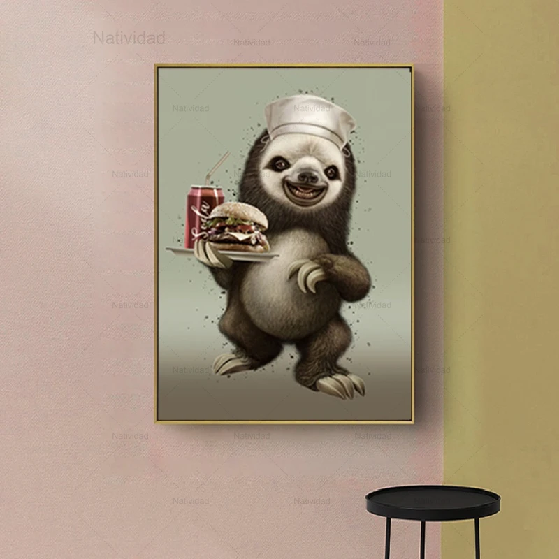 

Nordic Canvas Painting Cute Sloth with Hamburger Posters and Prints Animal Wall Art Pictures Living Room Modern Home Decoration