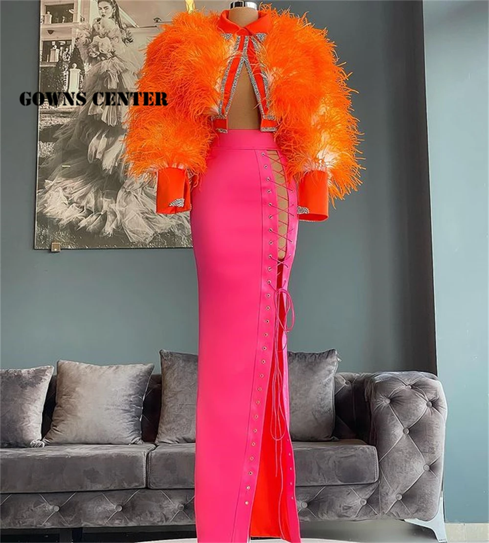 

Long Sleeve Evening Dresses For Women 2021 Slit Prom Dress Feathers Birthday Party Gown Beaded Dinner Gowns abendkleider