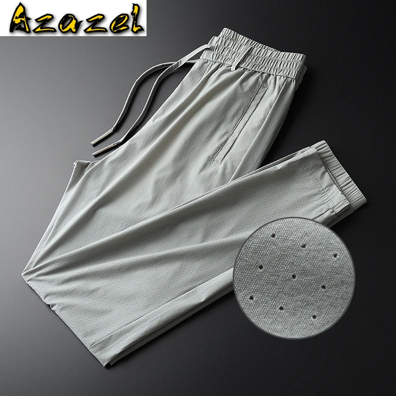 Azazel Summer Grey Mens Pants Luxury Luxury Ventilated Hollow Fabric Casual Male Pant Plus Size 4xl Elastic Waist Man Trousers