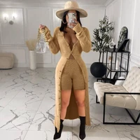 single breasted lapel long sleeve long coat and fashionable shorts womens two piece plushed clothes comfort beige streetwear