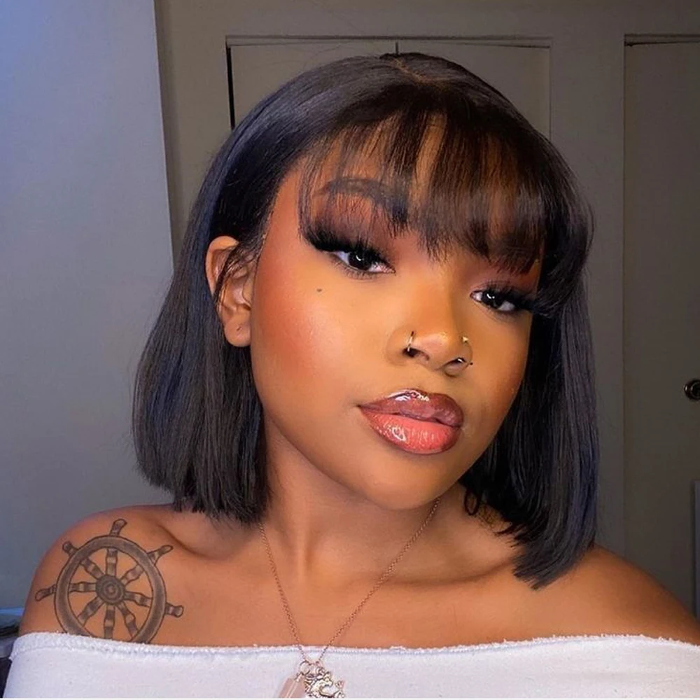 Парики из коротких человеческих волос с челкой прямые бразильские парики для