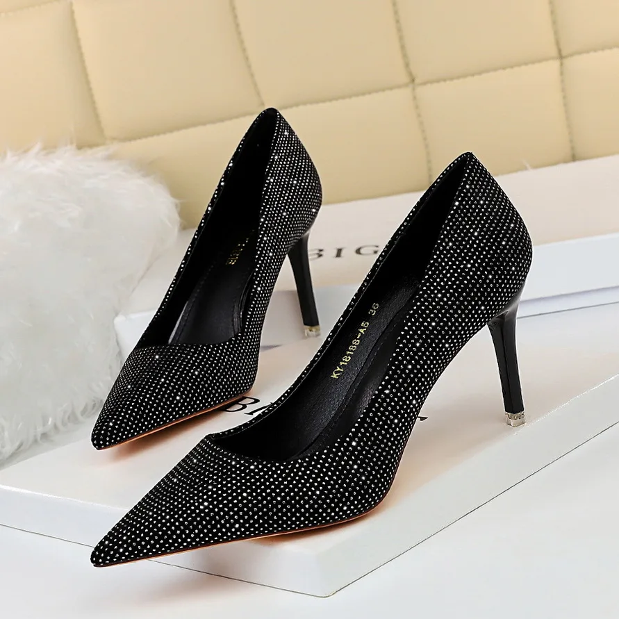 

BIGTREE Plus Size 34-43 Woman Elegant Office Shoes Fashion Pointed Toe Women Pumps Flock Bling High Heels Women's Party Shoes