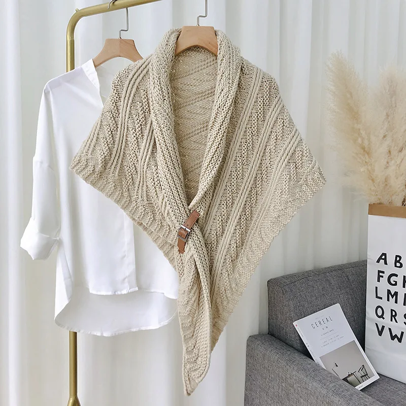 

Korean Version of Autumn and Winter Warm Shawl Split Thick Triangle Cloak With Ladies Knitted Scarf Monochrome Woolen Scarf