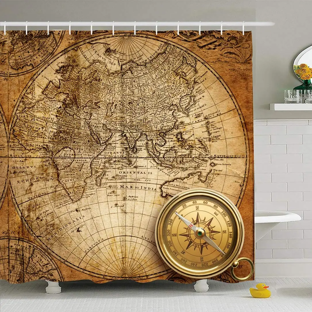 Zestaw zasłon prysznicowych z haczykami 72x72 podróż starożytna stara kompasowa papierowa kurtka podróżna na Vintage mapa świat nauki północ