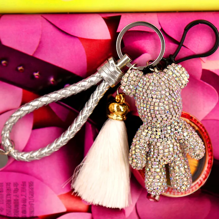 2020 High quality Crystal Cartoon Pessimistic Bear Keychain Fashion skin Rope Fringe Key chains Women Bag Car key Ring | Украшения и