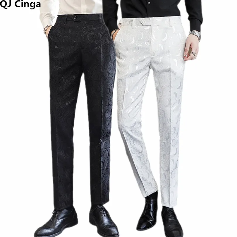 Pantalones ajustados de tela Jacquard para Hombre, pantalón elegante, color negro, blanco, rosa, flor, para boda y fiesta