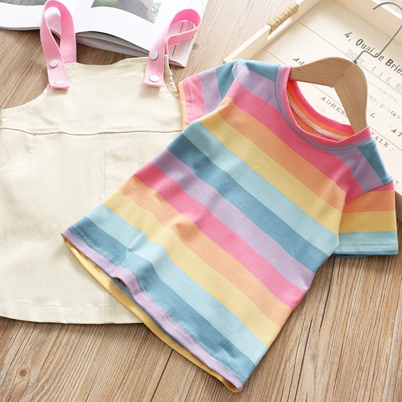 Keelorn Girls Dresses 2020 Summer Brand Kids Clothes Striped Rainbow T-shirt+Strap Dress 2Pcs for Clothing Sets Children | Детская