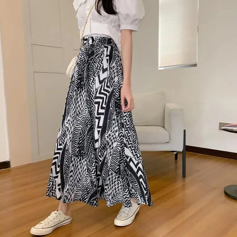 

Spring Summer Skirt for Women Large Size High Waist A-Line Skirt Female Fashion Print Wild Loose Over The Knee Long Skirts 2XL