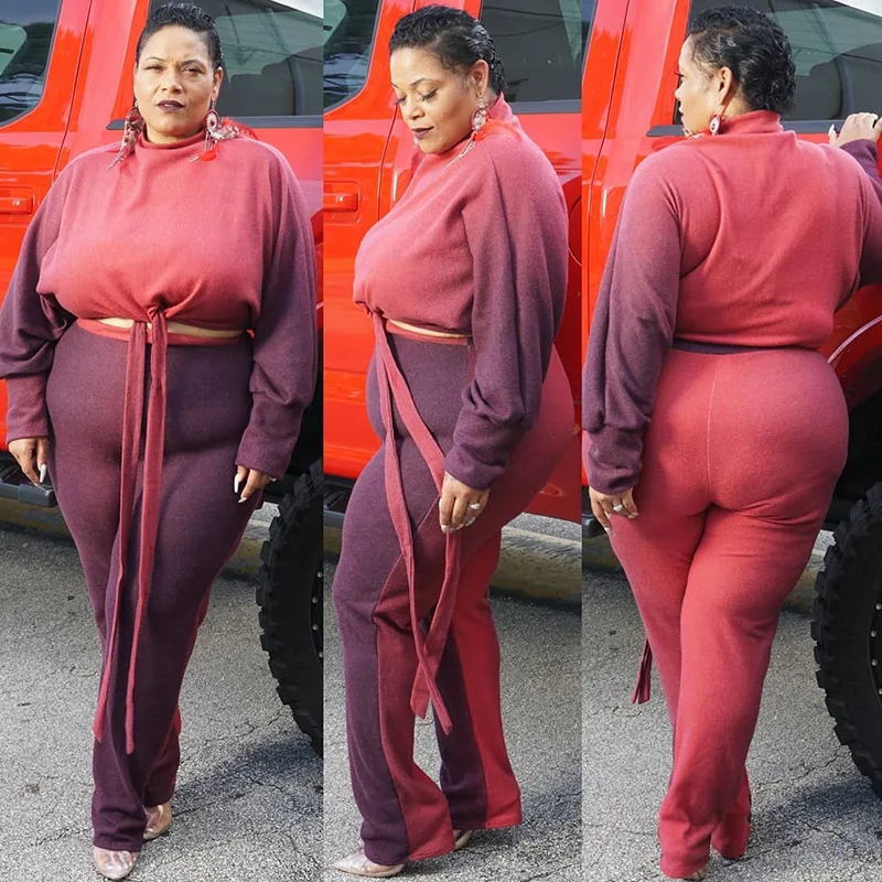 

Plus Size Sets For Women 4XL 5XL Spring and Autumn Bandage Color Contrast Long Sleeve Outwear with Trousers