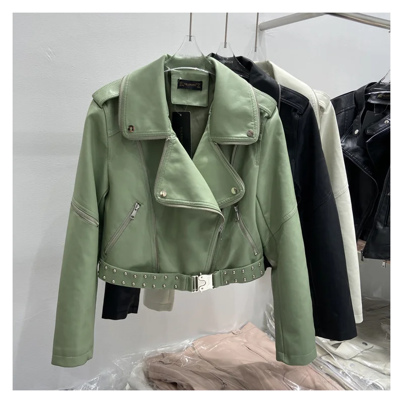 

Spring Fall New Fashion Street PU Short Rivet Belt Motorcycle Jacket Womens Long-sleeved Zipper Black Leather Jacket 2021