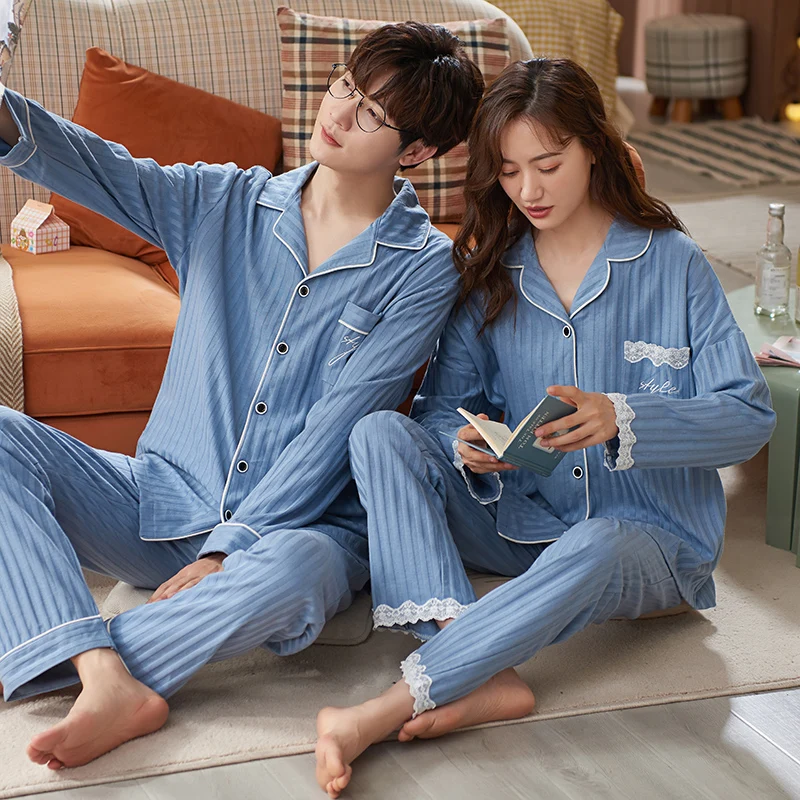 Модные новые осенне-зимние хлопковые Пижамные комплекты для пар с длинным
