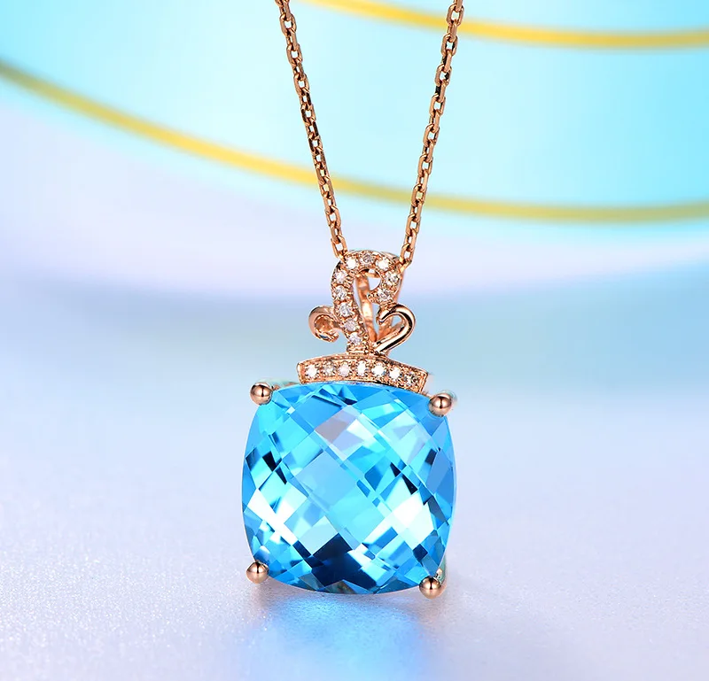 

BLACK ANGEL 18k Rose Gold Square Blue Topaz Gemstone Pendant Necklace For Women Fashion Jewelry Birthday Christmas Gift