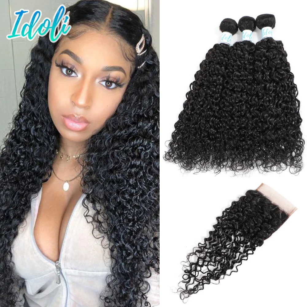 Idoli волосы малазийские Джерри Кудрявые человеческие пряди с закрытием 4*4