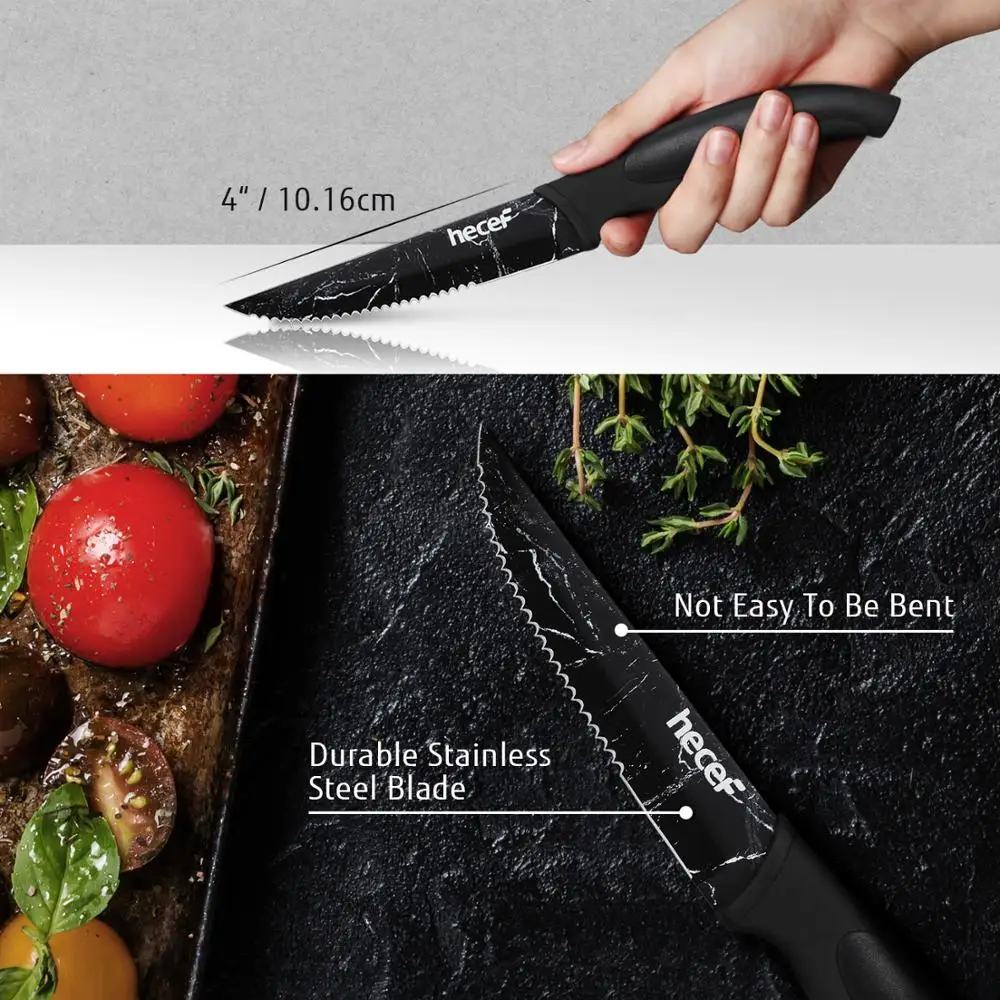 Набор из 6 ножей Hecef для стейка с мраморным узором зубчатое лезвие ручкой