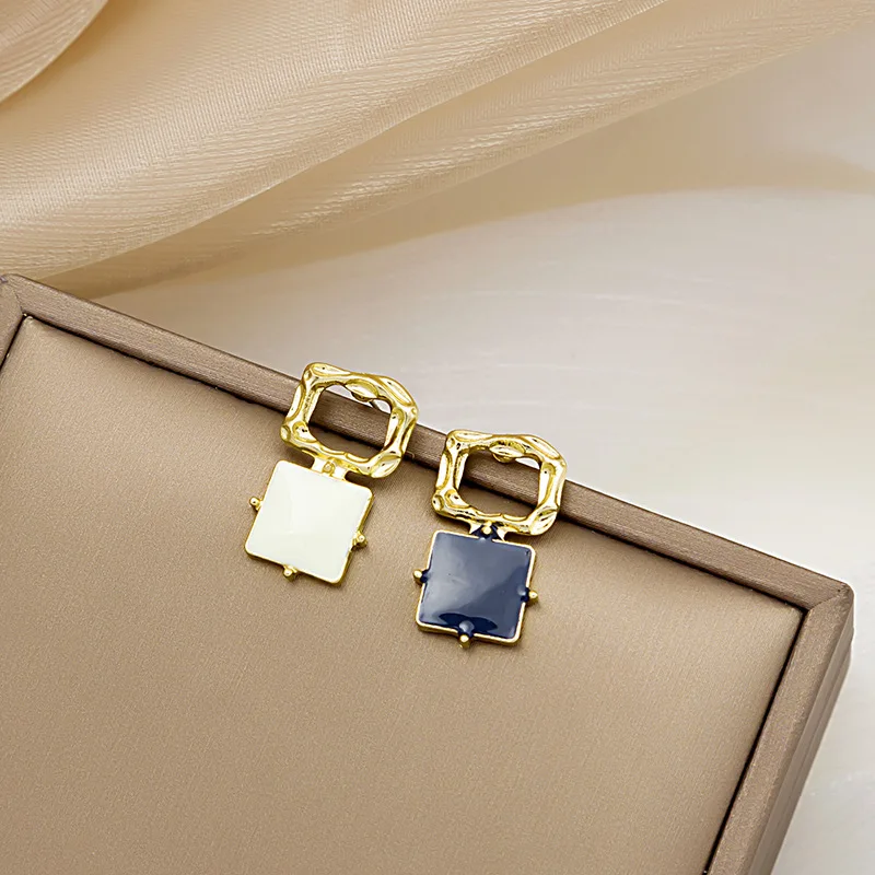 

925Silver Creative Asymmetrical Retro Contrasting Color Oil Drop Box Earrings Personality Compact and All-match Fashion Earrings