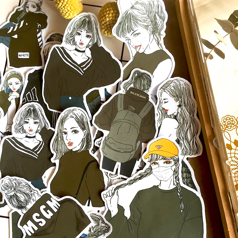 22Pcs/Set Travel Black White Sweater Girl Sticker DIY Craft Scrapbooking Album Junk Journal Happy Planner Decorative Stickers | Канцтовары