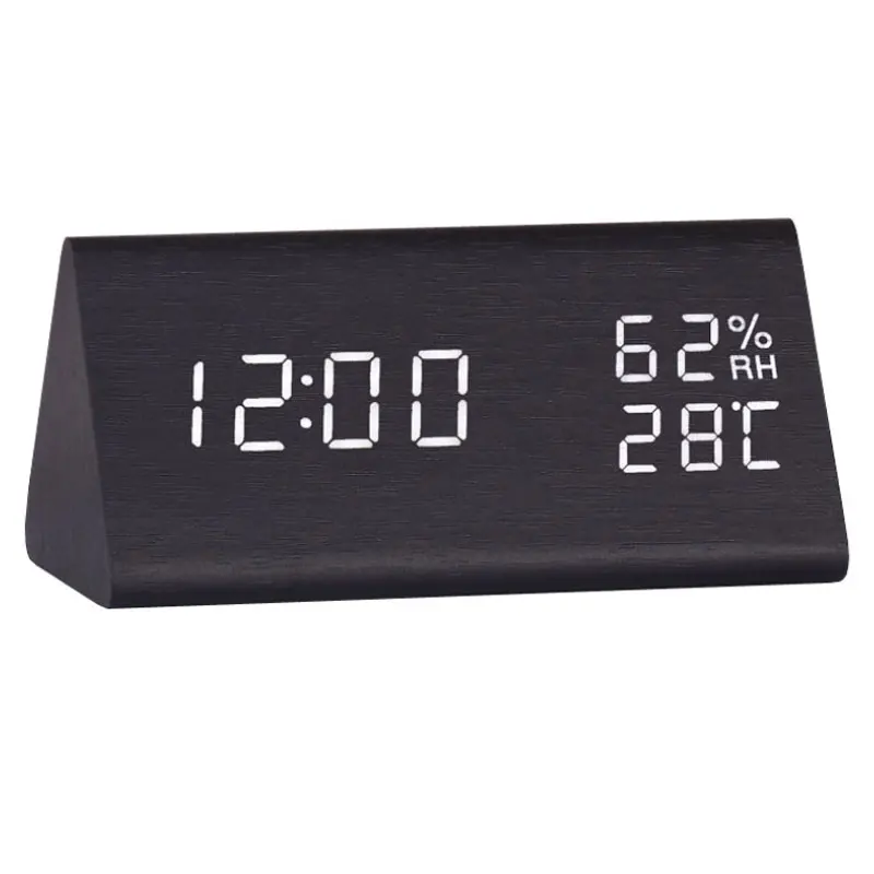 LED Wood Grain Alarm Clock Temperature Humidity Triangle-Shape Desktop Table Clocks Bedroom Home Décor | Дом и сад