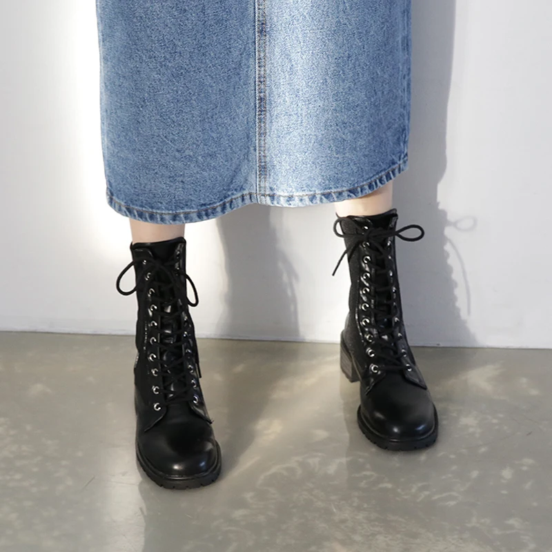 

Boots Women's Ankle Boots Fashion Lace-up Classic Leather Black Round Head Thick Heel Fashion Boots Size 33-42