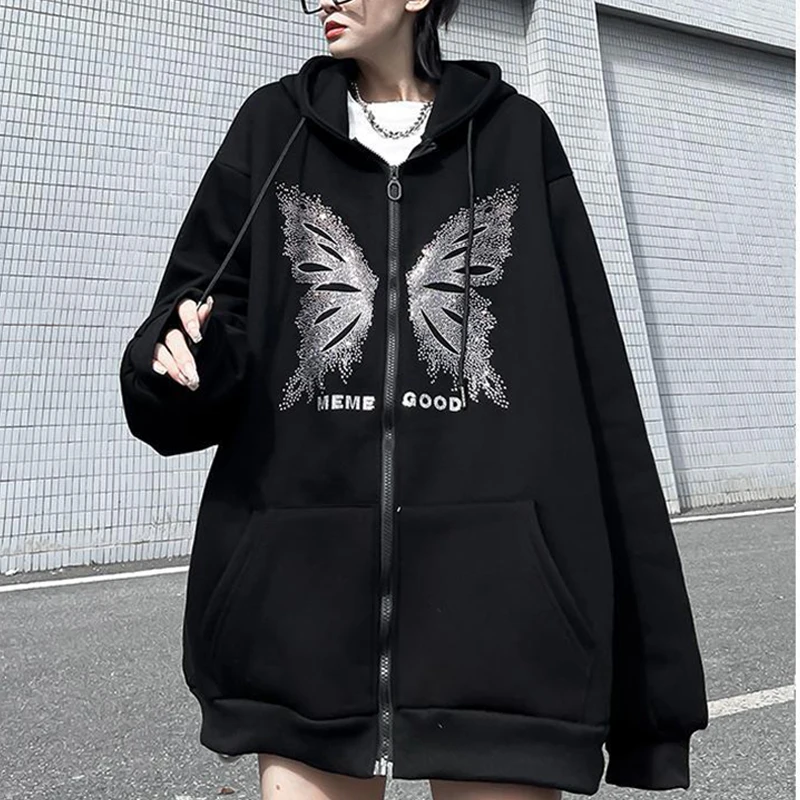 

Rhinestone print zip female sweatshirt vintage grunge Butterfly winter E-girl oversize hoodie y2k Goth punk cotton women jacket