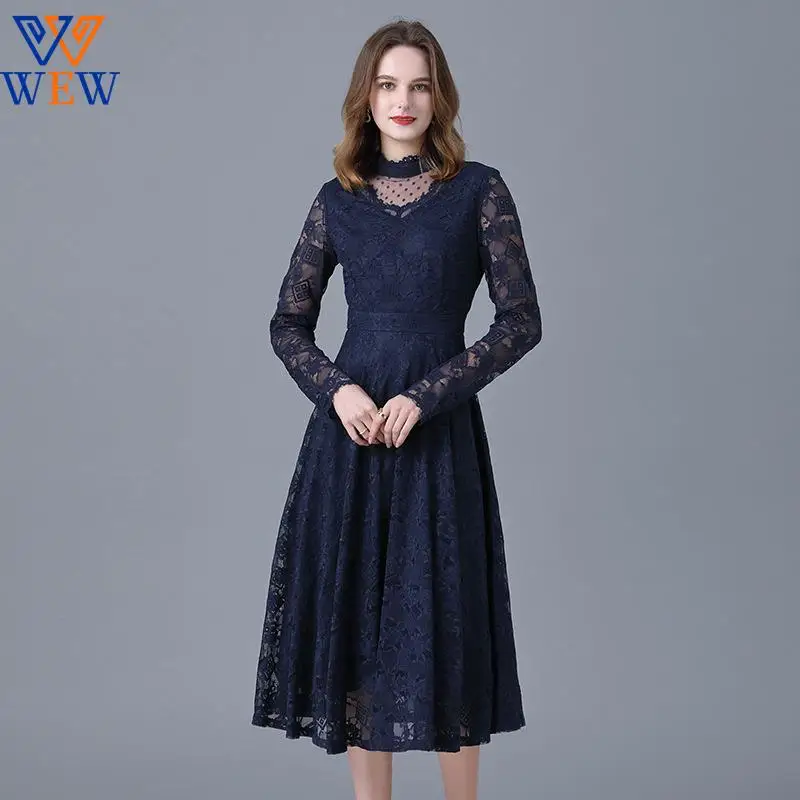 

Brand lace dress women's spring and autumn dress new French medium length dress shows thin temperament over Knee Skirts elegant