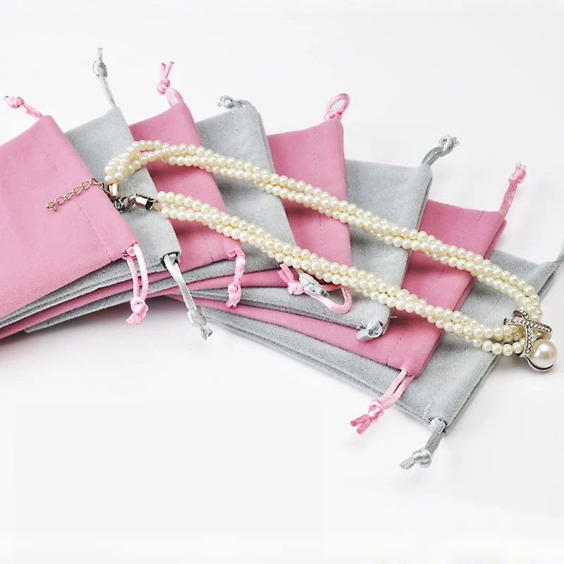 Розовые серые подарочные пакеты для упаковки ювелирных изделий бархатные