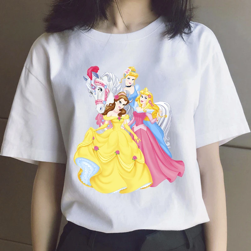 

T Shirt Disney Belle Cinderella Print Women Tops Cartoons Kawaii Casual Clothes O-neck Short Sleeve Fashion Femme Tees Dropshop