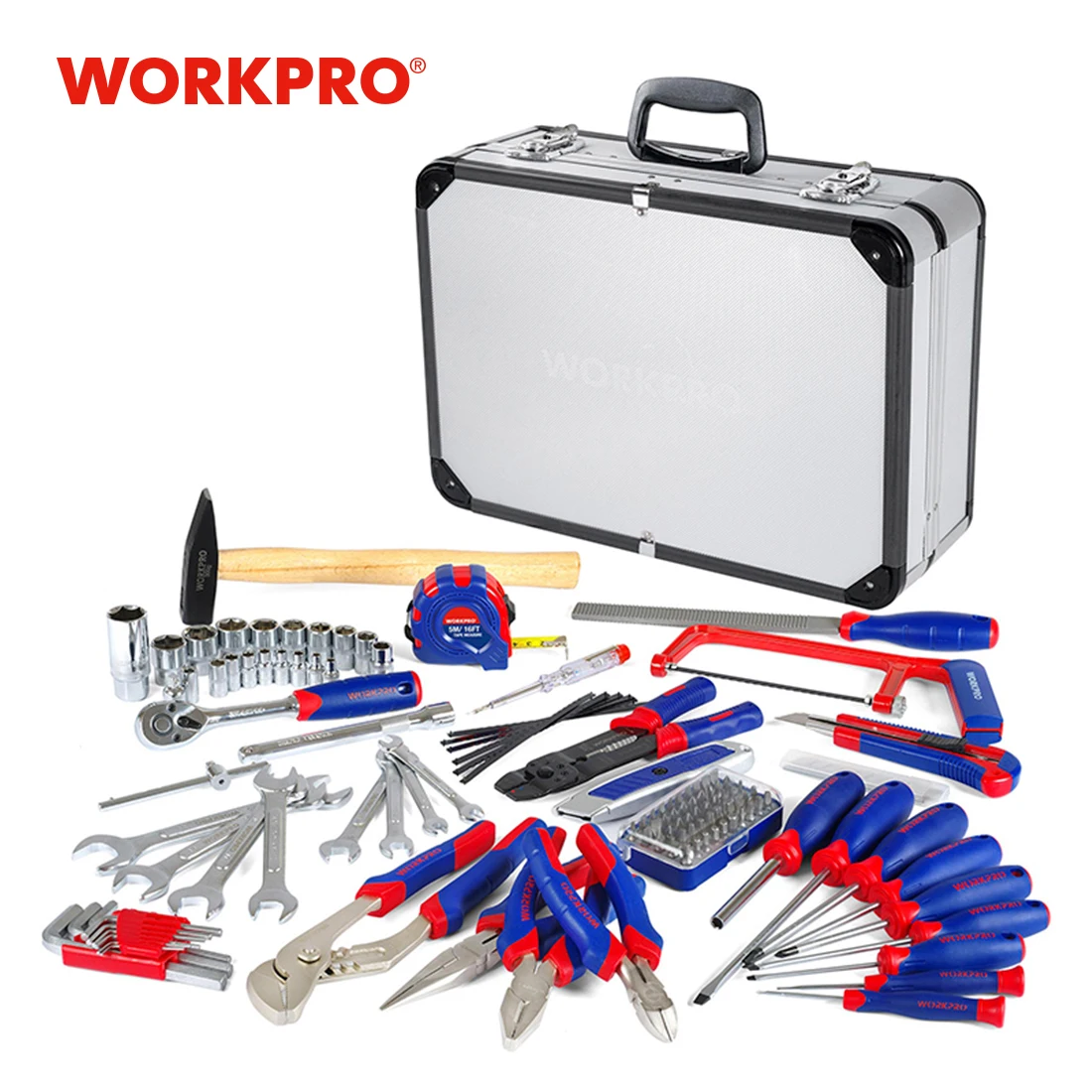 

WORKPRO 119 шт. алюминиевый ящик для инструментов, набор бытовых инструментов, ручные инструменты, Набор отверток, гаечные ключи, плоскогубцы