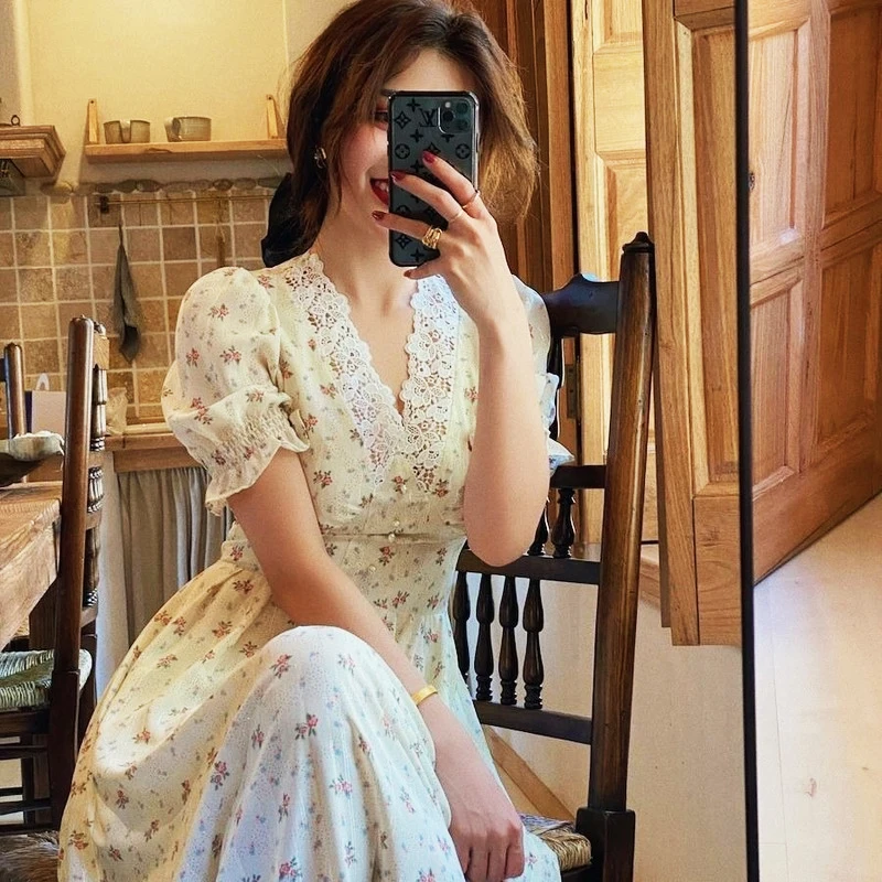 Винтажное кружевное платье-миди с пышными рукавами летнее женское повседневное