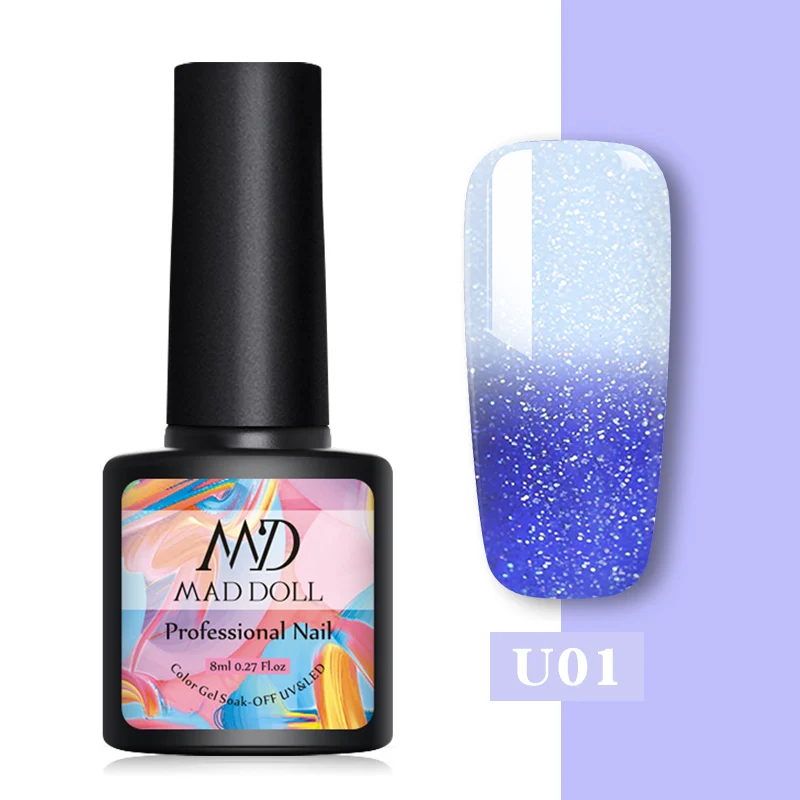U01 MAD DOLL 1 бутылка 8 мл меняющий цвет УФ Гель-лак блестки термальный гель для ногтей отмачиваемый Гель-лак для нейл-арта лак 14 цветов - Цвет: U01