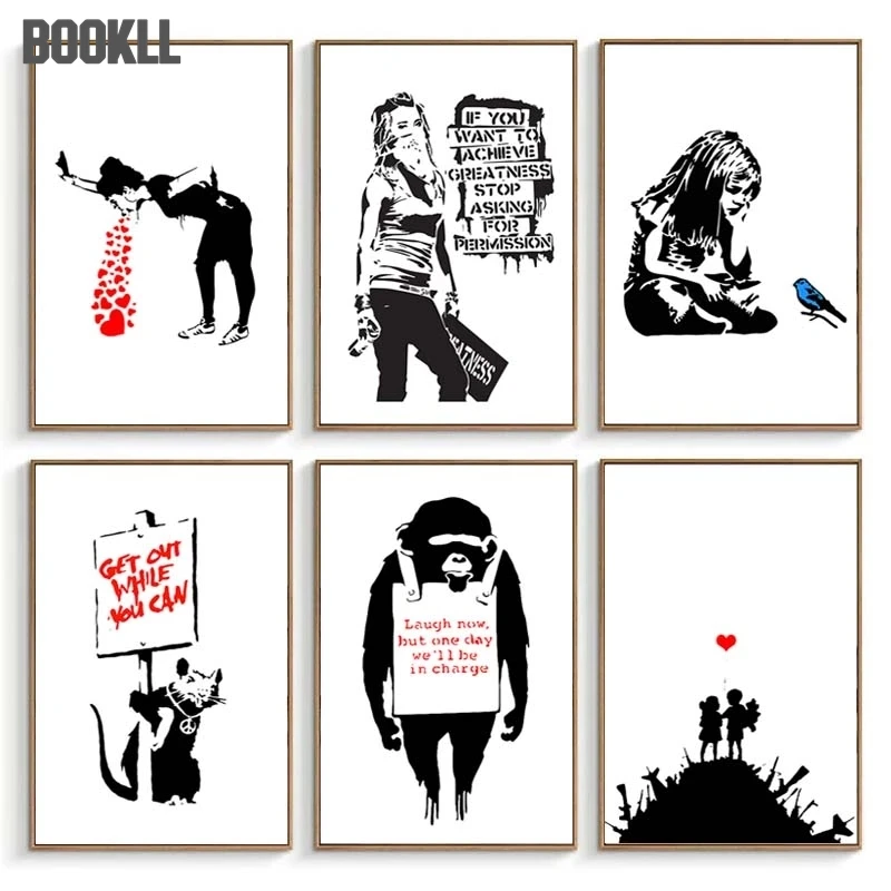 

Banksy Graffiti Art Pictures Abstract Canvas Painting Black White Wall Art Posters and Prints Modern Living Room Home Decor