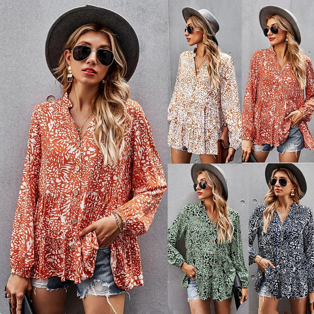 

Chic Blouse Print Long Sleeve Shirt Women's casual V-neck Bohemian Blouse Top