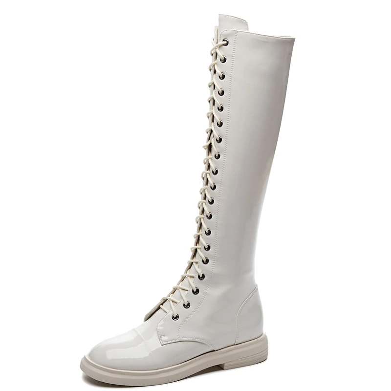 

Buono Scarpe Round Toe Laces Women Long Boots Patent Real Leather Ladies White Boots Casual Leather Botas Mujer Chaussures Femme