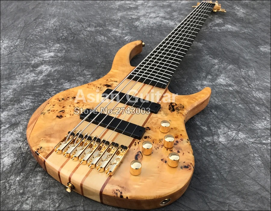 Вымершие 7 струн электрический бас, 11 шт. через шею, твердые Spalted кленовый заусенец, гриф из черного дерева, активные звукосниматели, реальные фото показывает