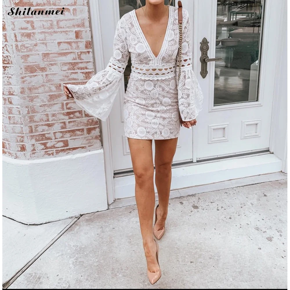

Autumn Hollow Out Sexy Lace Dress Female Club Sheath Lace Bodycon Dress Women Deep V-Neck Fashion Long Flare Sleeve Mini Dress