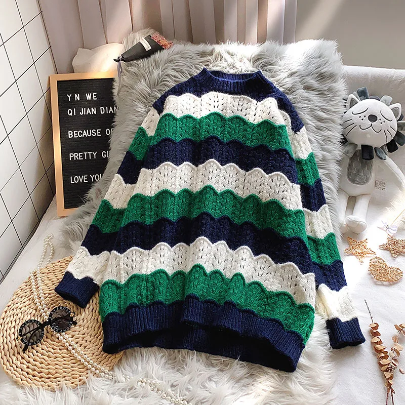 

Women's Long Sleeve Loose Korean Style Sweet Knitted Pullover Women Autumn 2021 New Round Neck Splicing Sweater Coat 11863