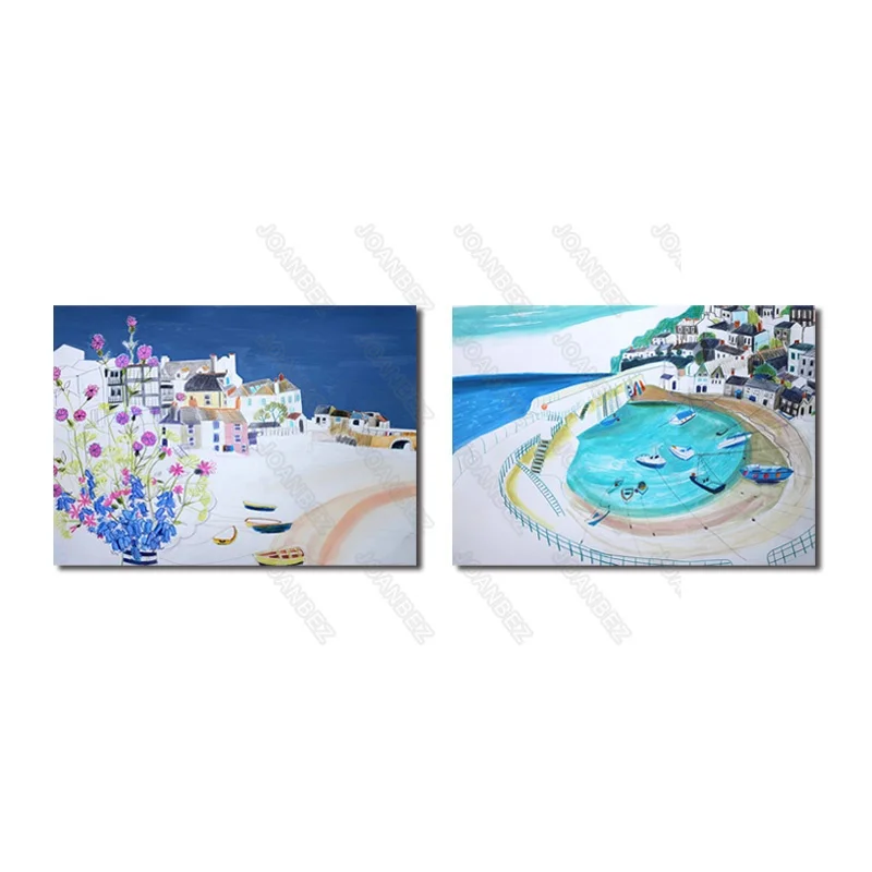 

Modern Style Canvas Material Painted Ocean with Arch Bridge House Landscape Map Background Poster 2 Pc Living Room Furniture