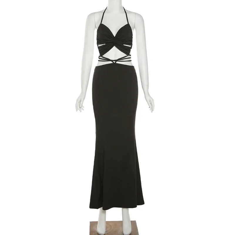 

Summer Sexy Long Dress Women Casual Backless Sleeveless Bandage Halter Bodycon Dresses Women Hollow Out Dress Female Vestidos